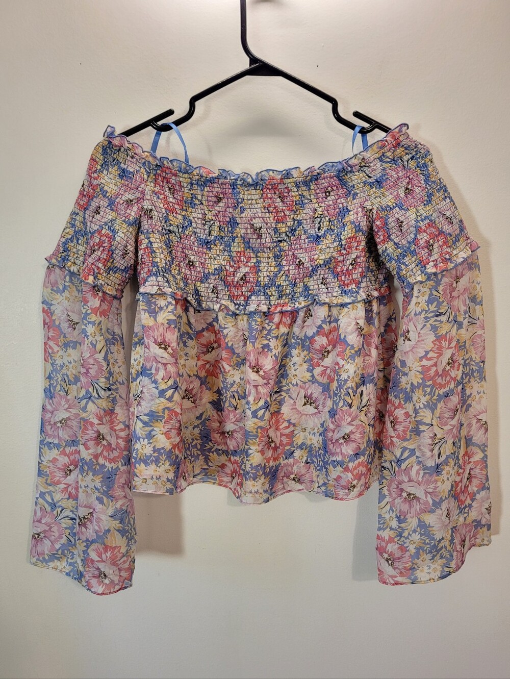 INTERMIX Lucy Off the Shoulder Floral Silk Chiffon Top M In Pink Blue